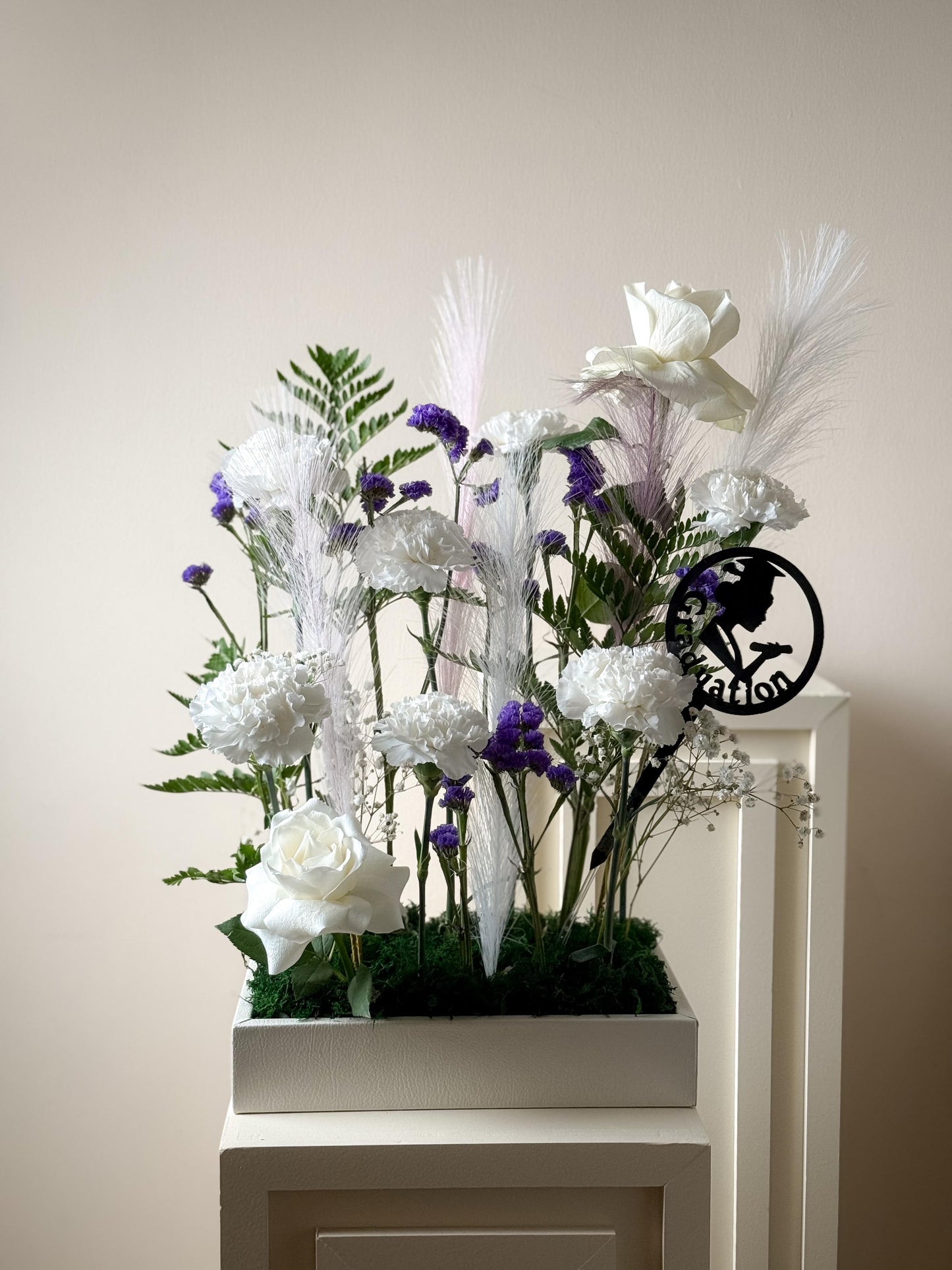 White Elegance Flower Arrangement – Optional Graduation Theme